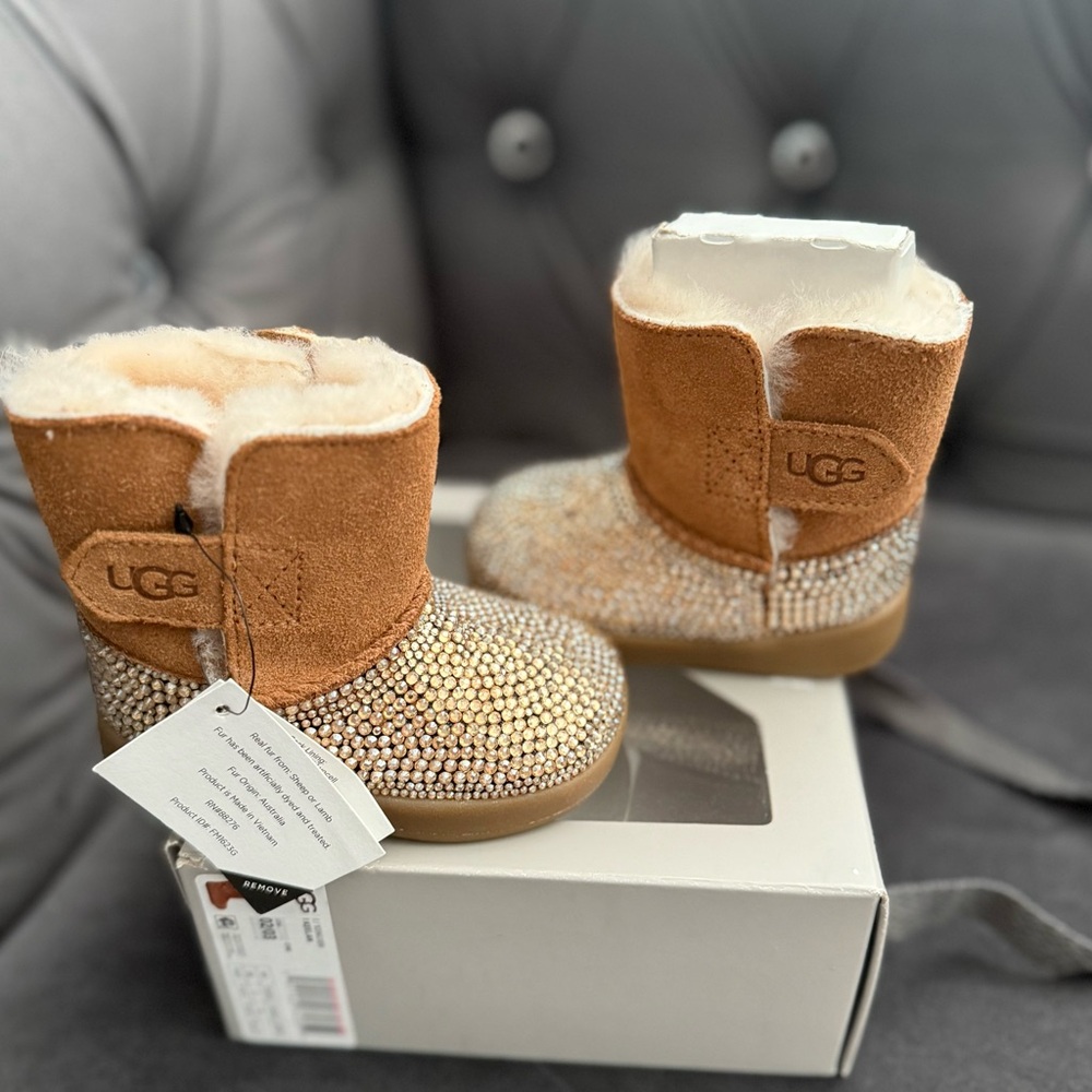 UGG Tan and Gold Sparkle Boots/ customized with Swarovski crystals